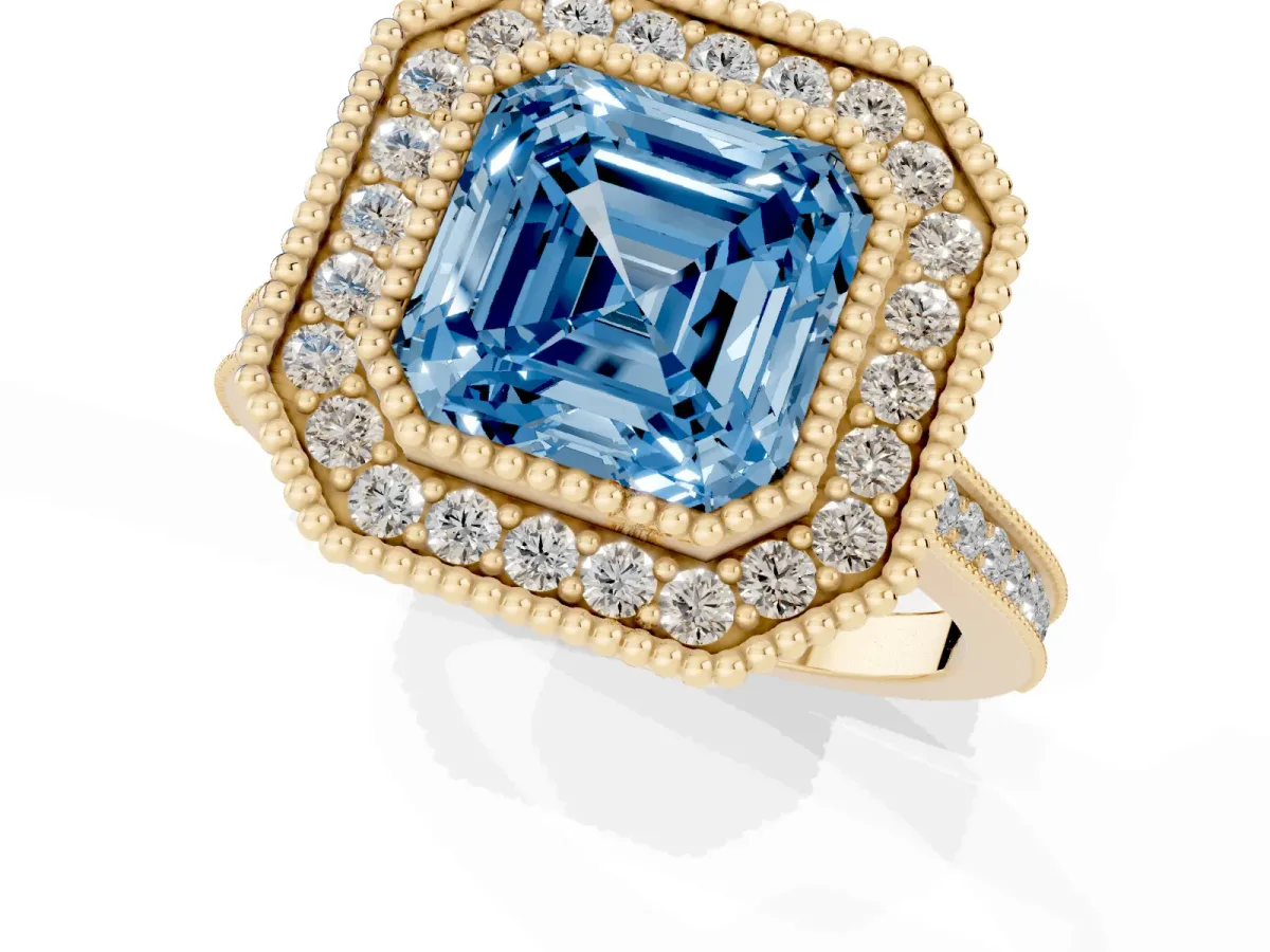 Fancy Blue Asscher Cut Diamond Halo Ring with Milgrain Frame and Pavé Band Yellow gold