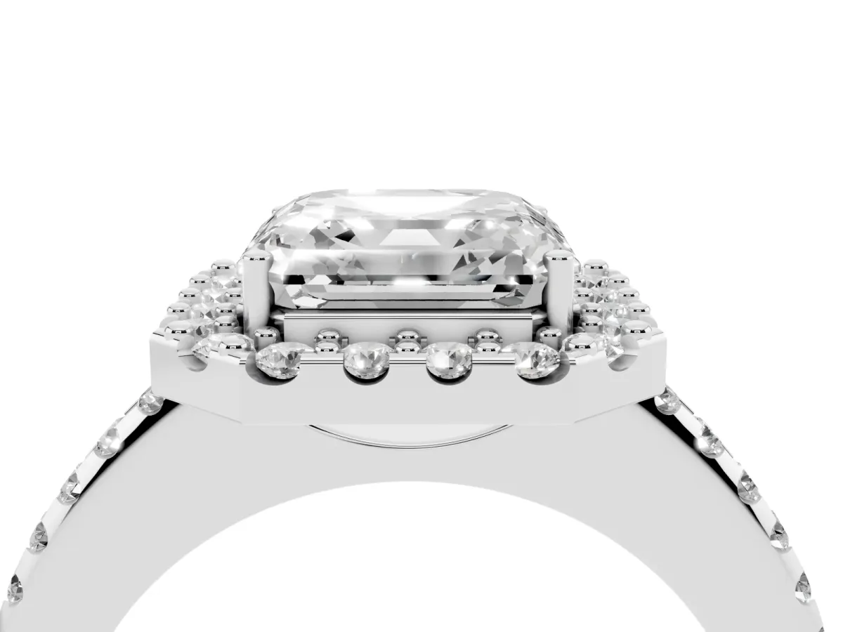 Asscher Cut Diamond Pavé Halo Ring with Four-Prong Setting Silver