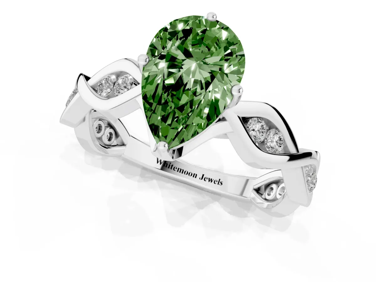 Fancy Green Pear Cut Solitaire Twist Band with Leaf Prong Setting White gold