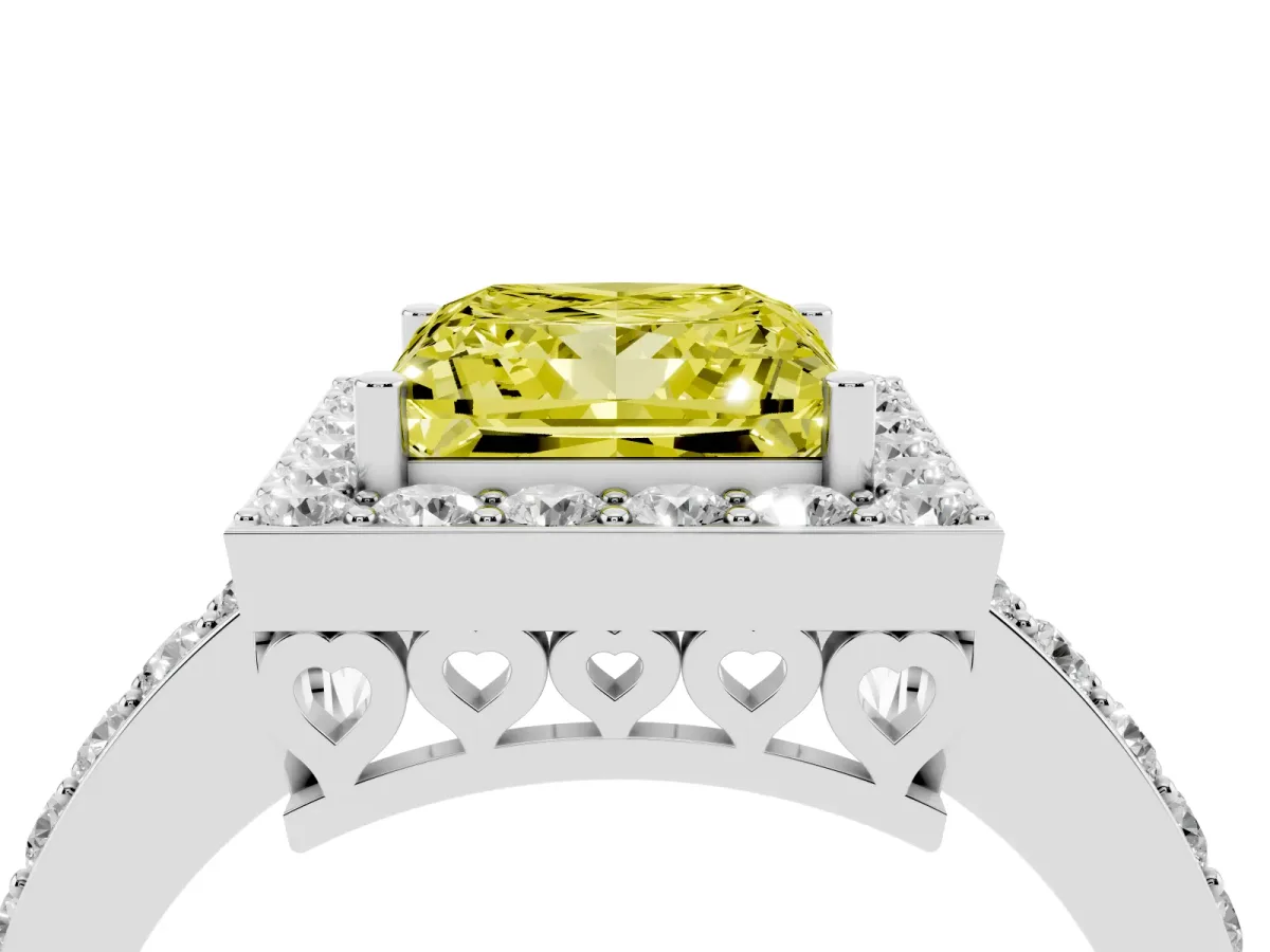 Fancy Yellow Princess Cut Halo Diamond Pavé Band Ring with Prong Setting Silver