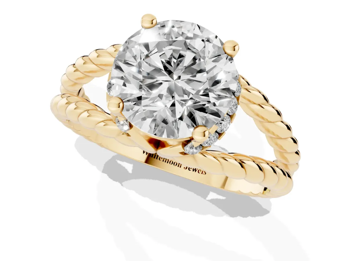 Round Cut Halo Twisted Band Four-Prong Ring Yellow gold