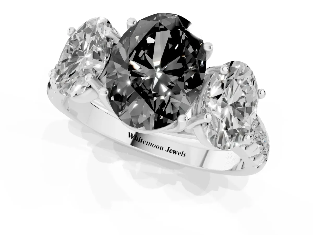 Fancy Black Three-Stone Oval Cut Diamond Pavé Band with Prong Setting Silver