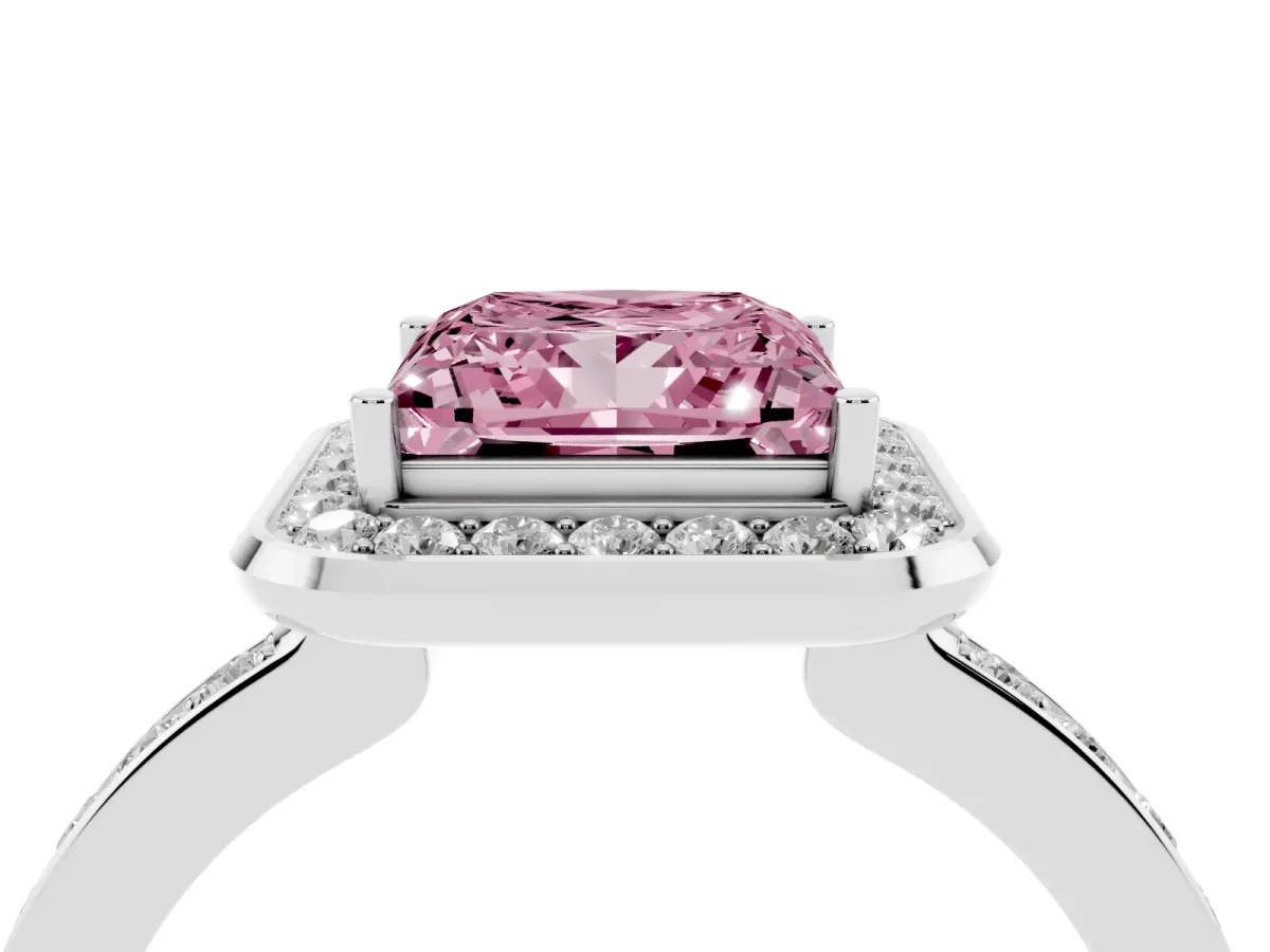 Fancy Pink Princess Cut Diamond Halo Ring with Bezel Frame and Pavé Band Platinum