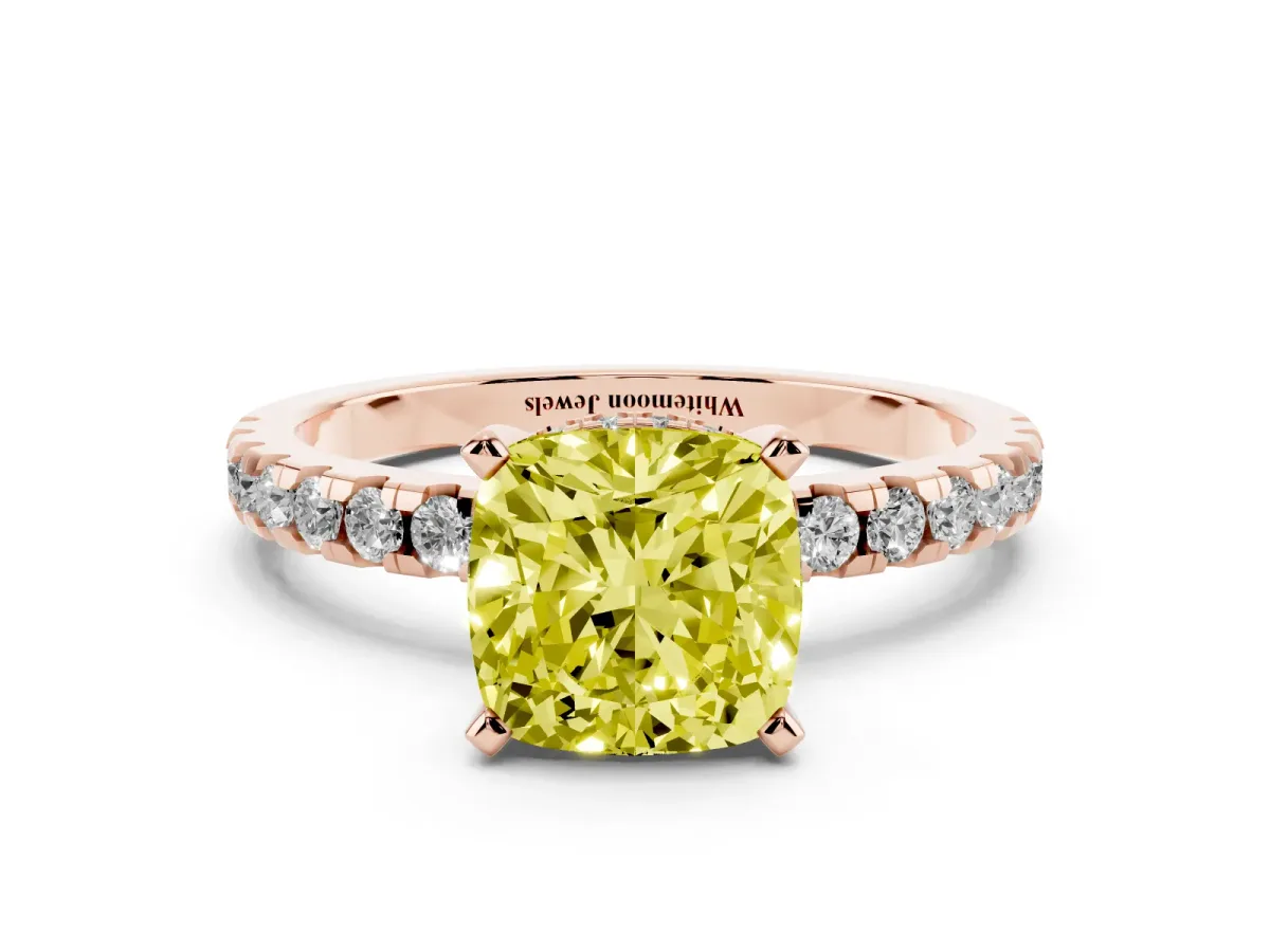 Fancy Yellow Cushion Cut Diamond Solitaire Ring with Round Pavé Band and Four-Prong Setting Rose gold