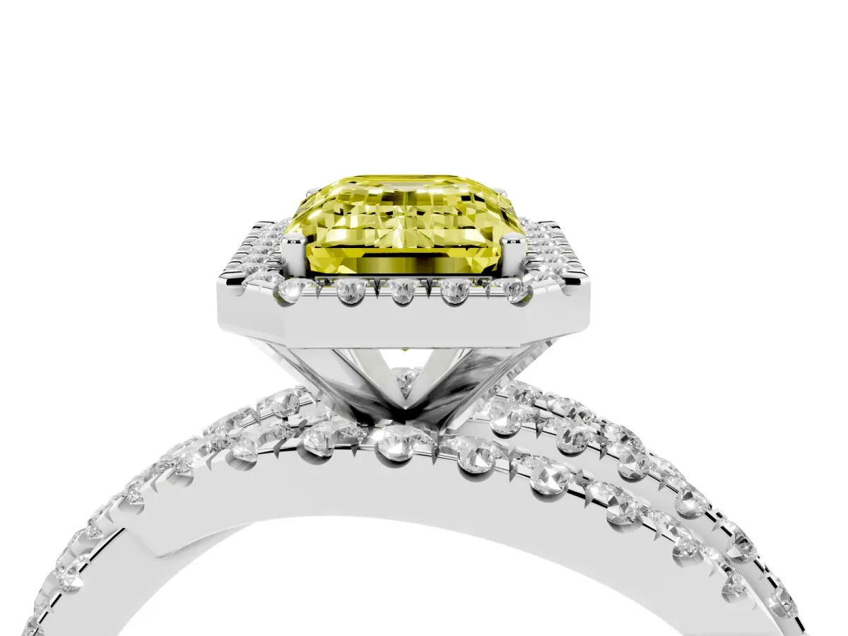 Fancy Yellow Emerald Cut Diamond Halo Ring with Round Split Shank and Prong Setting White gold