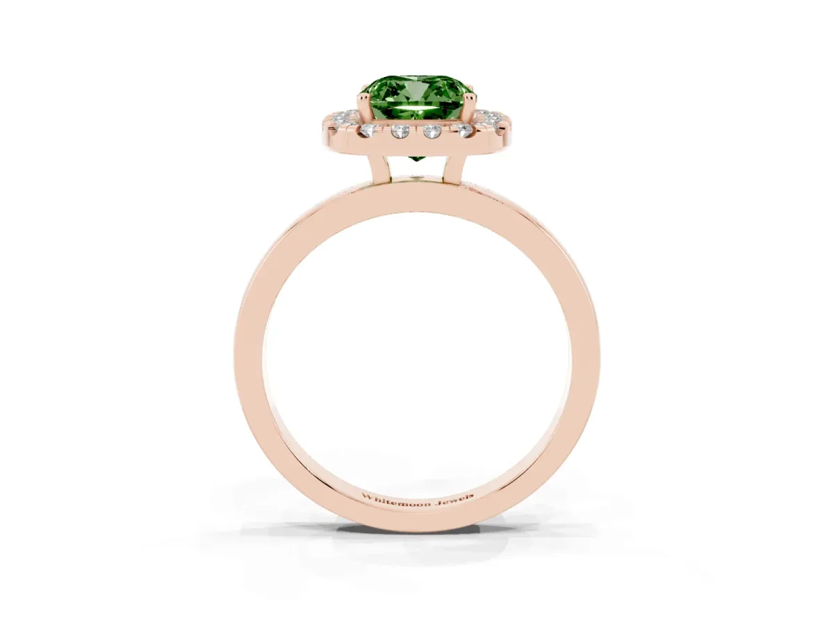 Fancy Green Cushion Cut Halo Diamond Solitaire with Pavé Band and Four-Prong Setting Rose gold