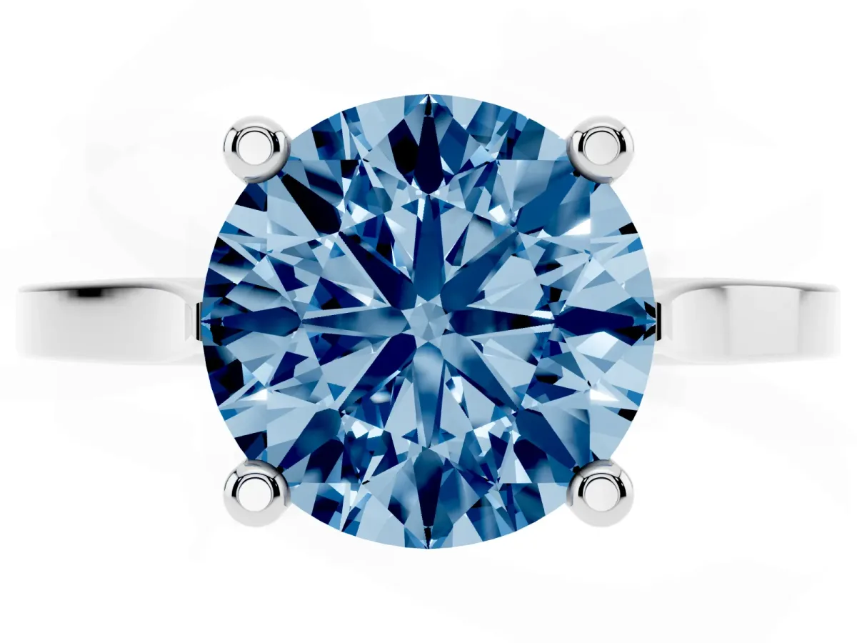 Fancy Blue Round Cut Solitaire Diamond Ring with Four-Prong Setting and Tapered Band Platinum