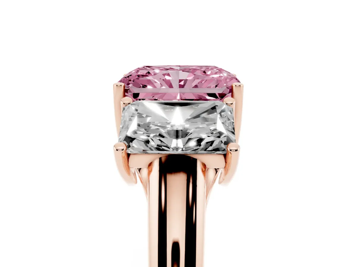 Fancy Pink Three-Stone Radiant Cut Diamond Engagement Ring with Prong Setting Rose gold