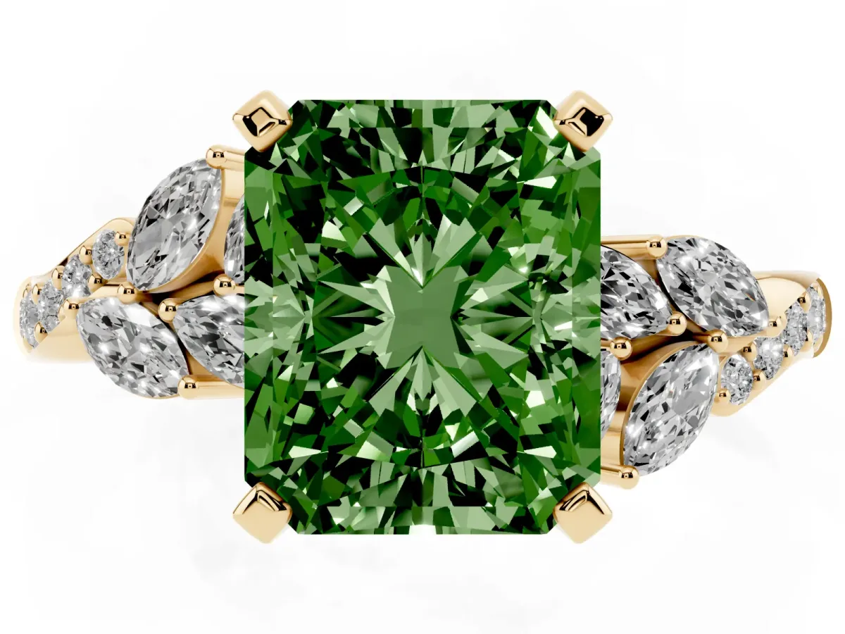 Fancy Green Radiant Cut Solitaire Marquise Twist Band with Six-Prong Setting Yellow gold