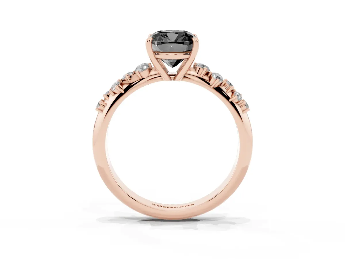 Fancy Black Cushion Cut Diamond Cluster Side Stone Solitaire Ring with Prong Setting Rose gold