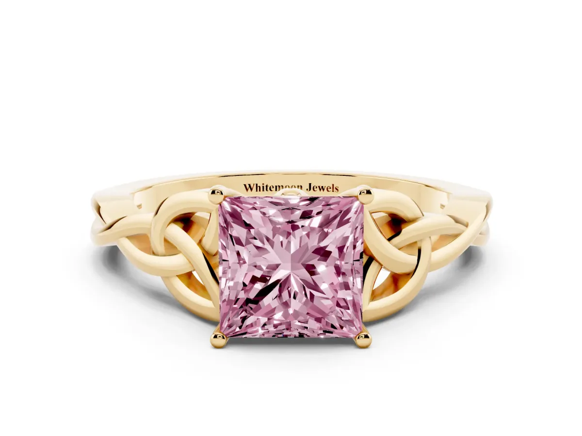 Fancy Pink Princess Cut Diamond Solitaire Engagement Ring with Celtic Knot Band and Four-Prong Setting Yellow gold