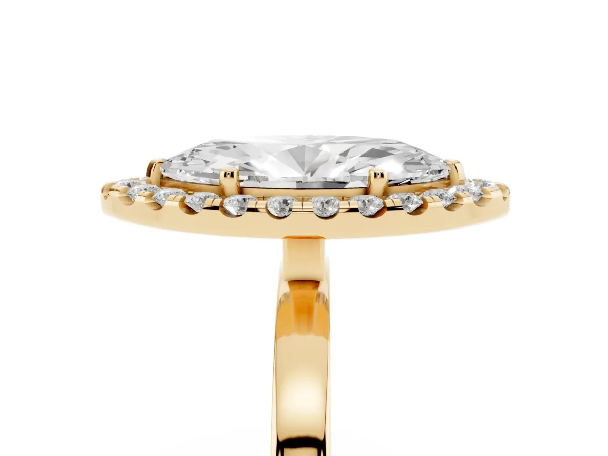 Marquise Cut Halo Diamond Solitaire with Pavé Band and Four-Prong Setting Yellow gold
