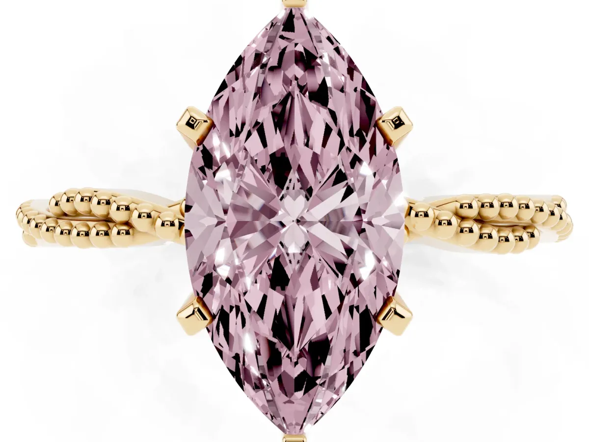 Fancy Pink Marquise Cut Solitaire Twisted Band with Bead Prong Setting Yellow gold