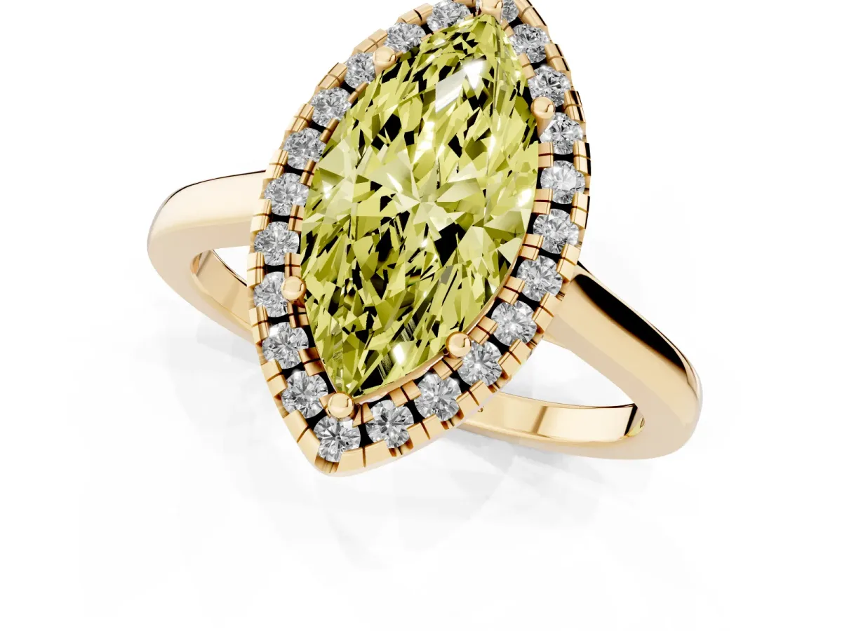 Fancy Yellow Marquise Cut Halo Round Diamond Solitaire Ring with Pavé Band and Four-Prong Setting Yellow gold