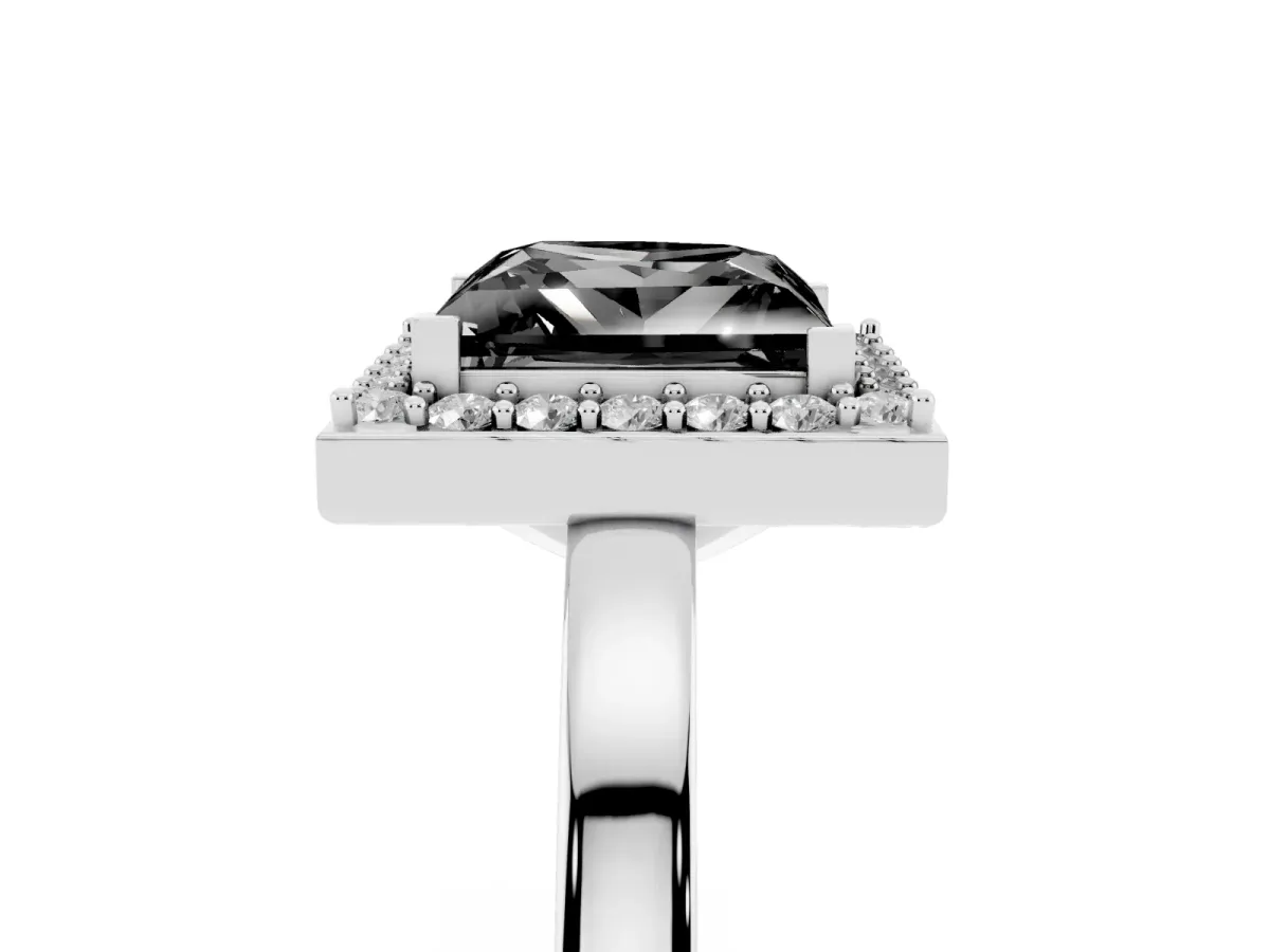 Fancy Black Princess Cut Halo Diamond Ring with Solitaire Band and Prong Setting Silver