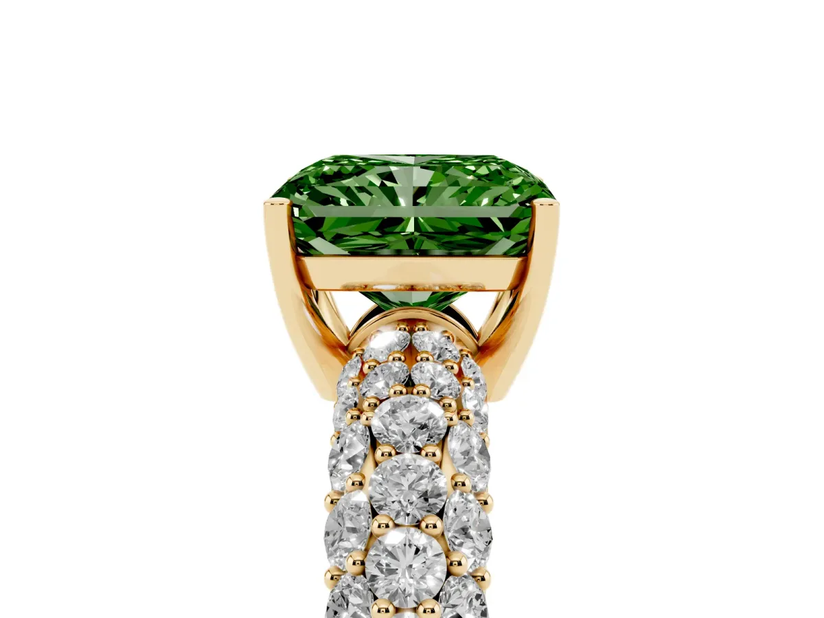 Fancy Green Radiant Cut Diamond Pavé Band Solitaire Ring with Four-Prong Setting Yellow gold