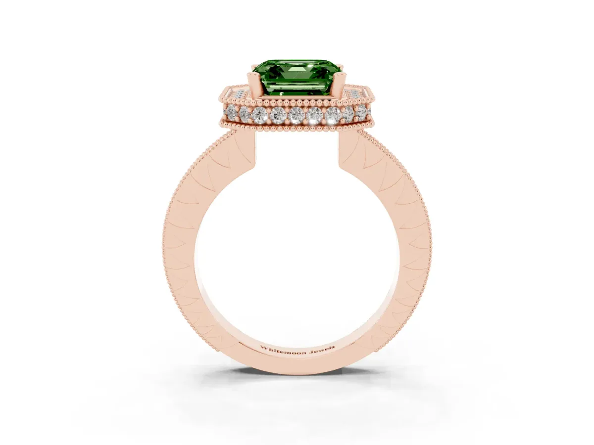 Fancy Green Asscher Cut Diamond Milgrain Halo Engagement Ring with Round Pavé Band and Prong Setting Rose gold