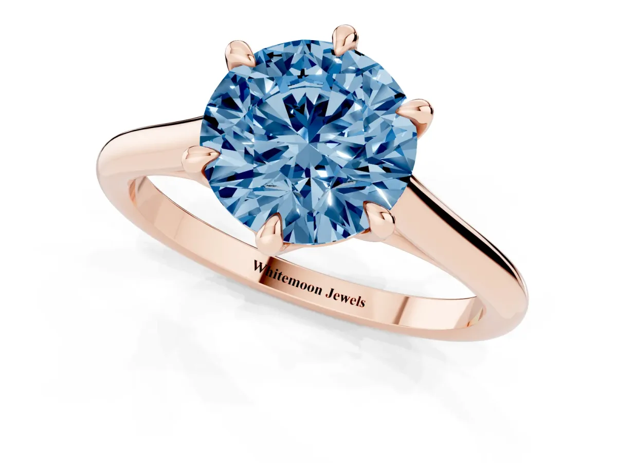 Fancy Blue Round Cut Solitaire Engagement Ring with Six-Prong Setting and Classic Band Rose gold