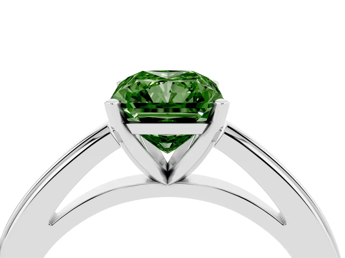 Fancy Green Radiant Cut Solitaire Diamond Ring with Four-Prong Setting and Classic Band Silver