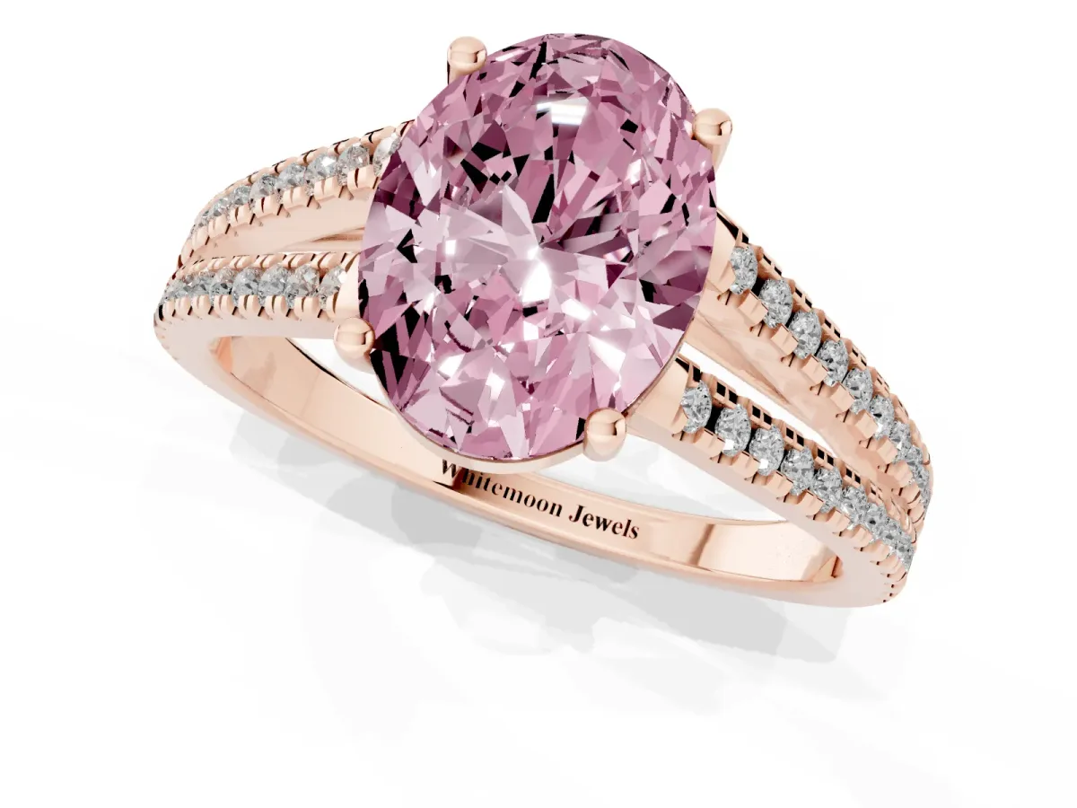 Fancy Pink Oval Cut Diamond Solitaire Engagement Ring with Split Shank Pavé Band Rose gold