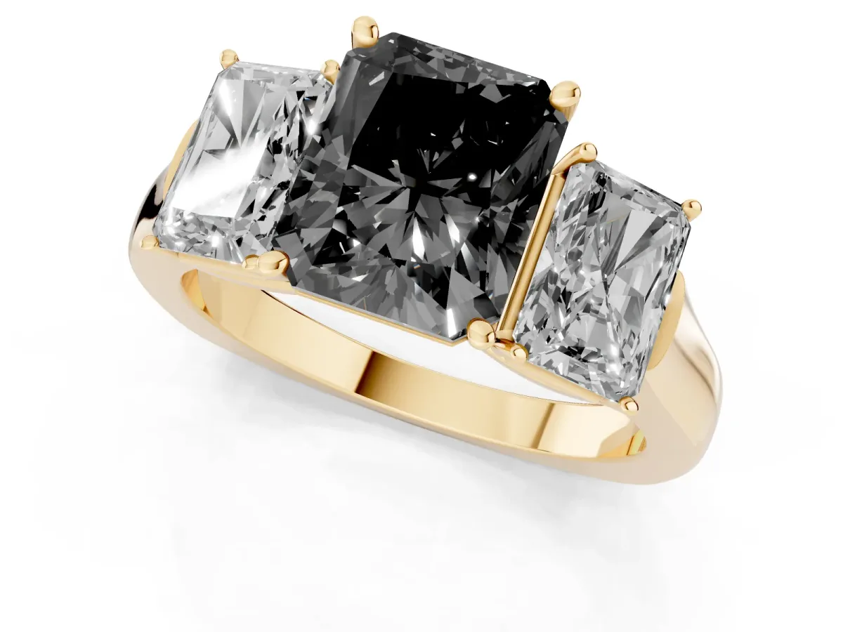 Fancy Black Three-Stone Radiant Cut Brilliant Diamond Trellis Ring with Comfort Fit Band Yellow gold