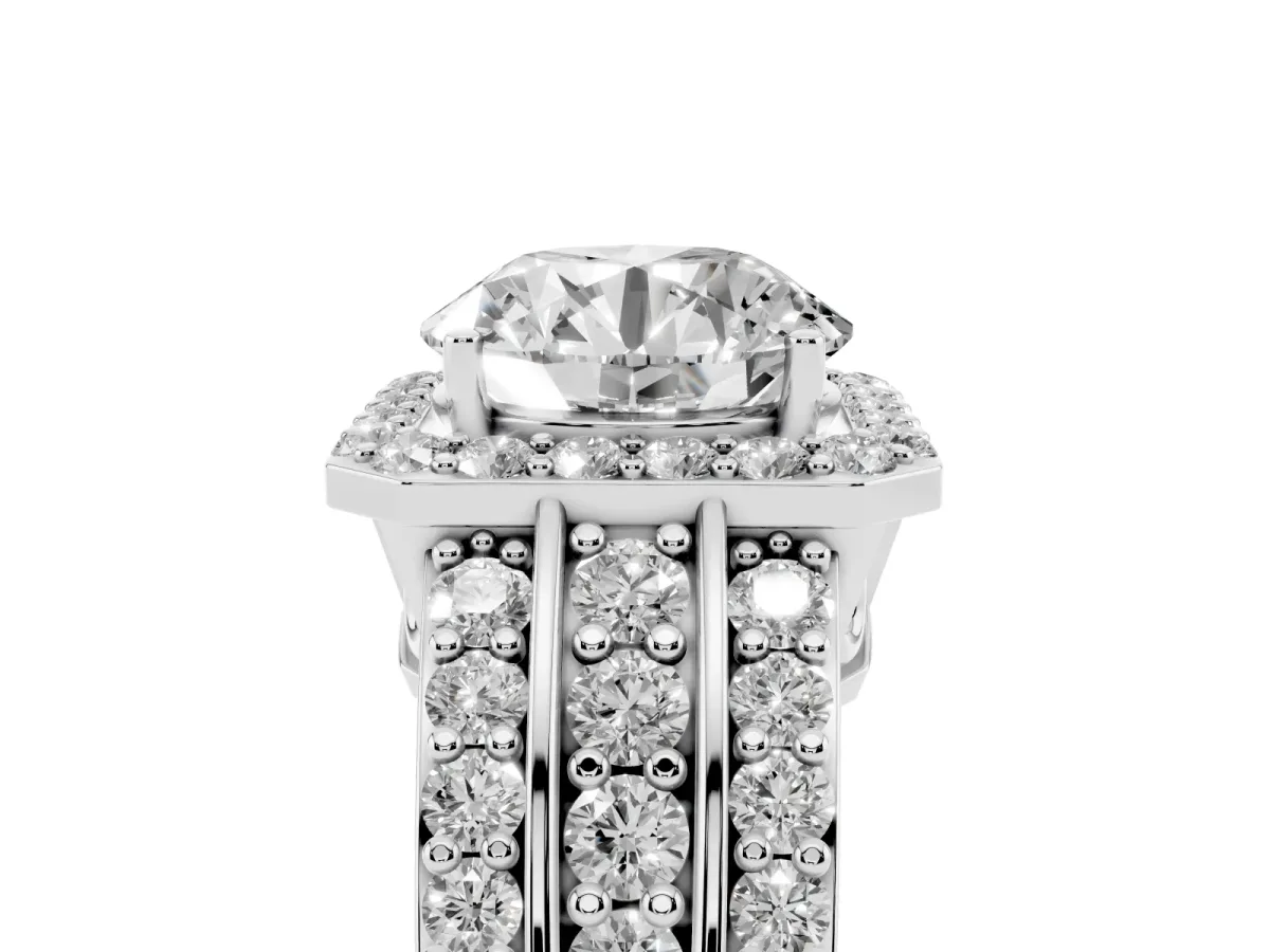 Round Cut Halo Diamond Ring with Round Split Shank and Prong Setting Silver