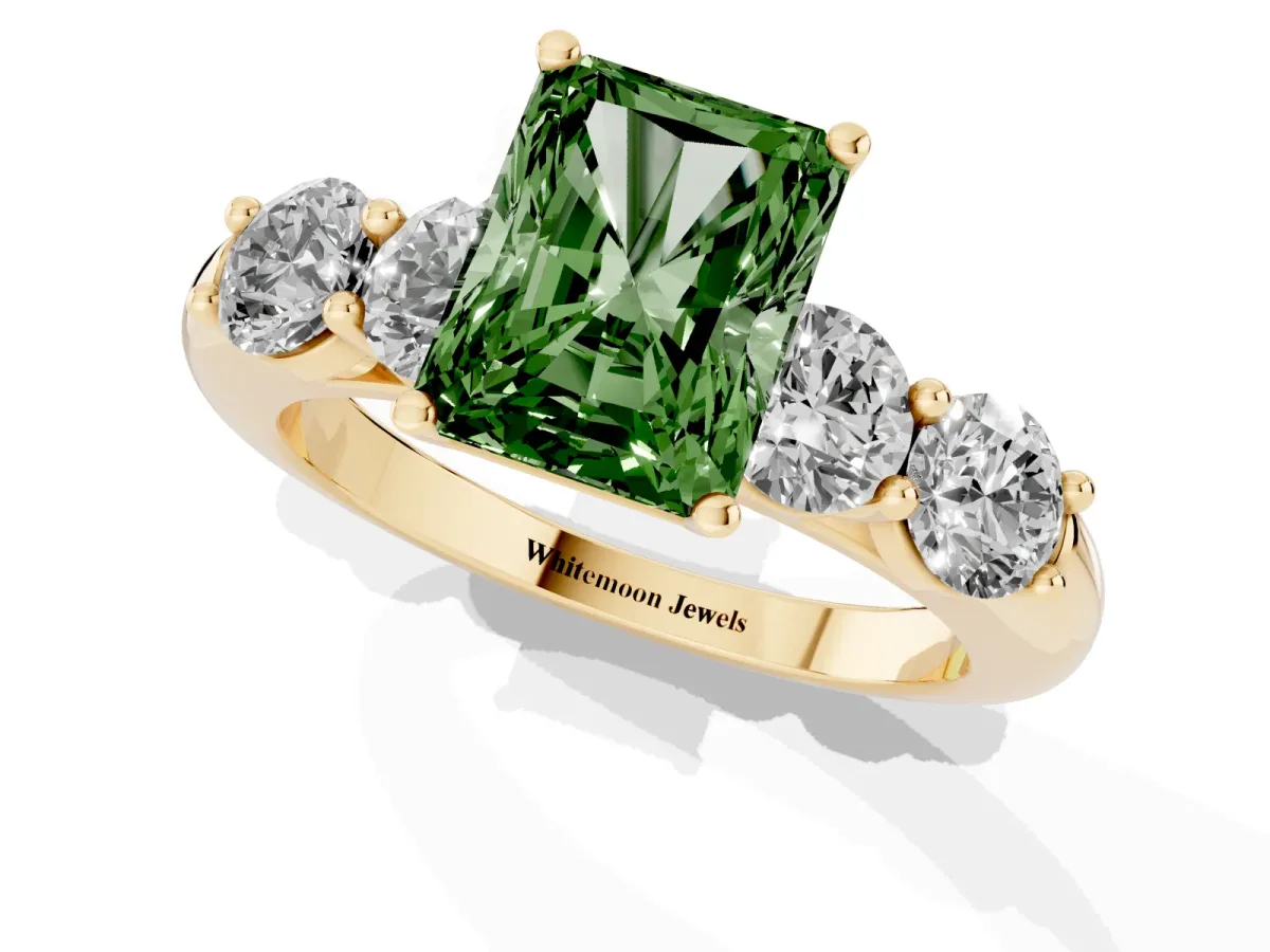 Fancy Green Radiant Cut Cut Five-Stone Prong Set Diamond Ring with Classic Band Yellow gold