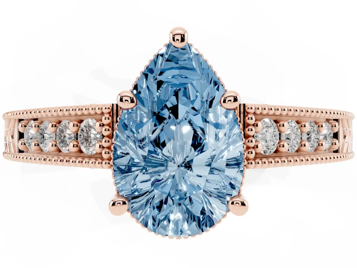 Fancy Blue Pear Cut Solitaire Pavé Diamond Milgrain Engagement Ring with Four-Prong Setting Rose gold