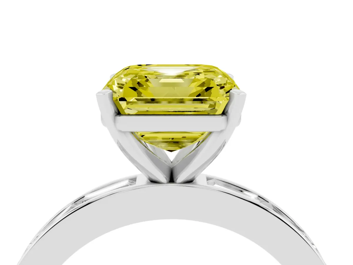 Fancy Yellow Asscher Cut Solitaire Diamond Ring with Channel-Set Baguette Band and Four-Prong Setting Silver