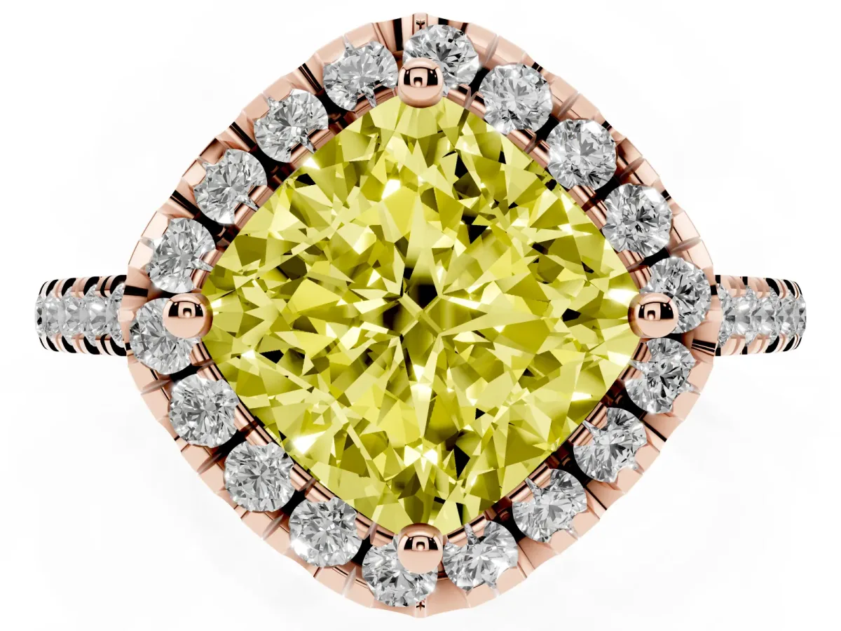 Fancy Yellow Cushion Cut Diamond Cushion Halo Ring with Pavé Band Rose gold