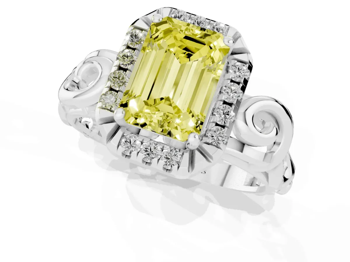 Fancy Yellow Emerald Cut Cut Halo Diamond Ring with Scrollwork Band and Four-Prong Setting Silver