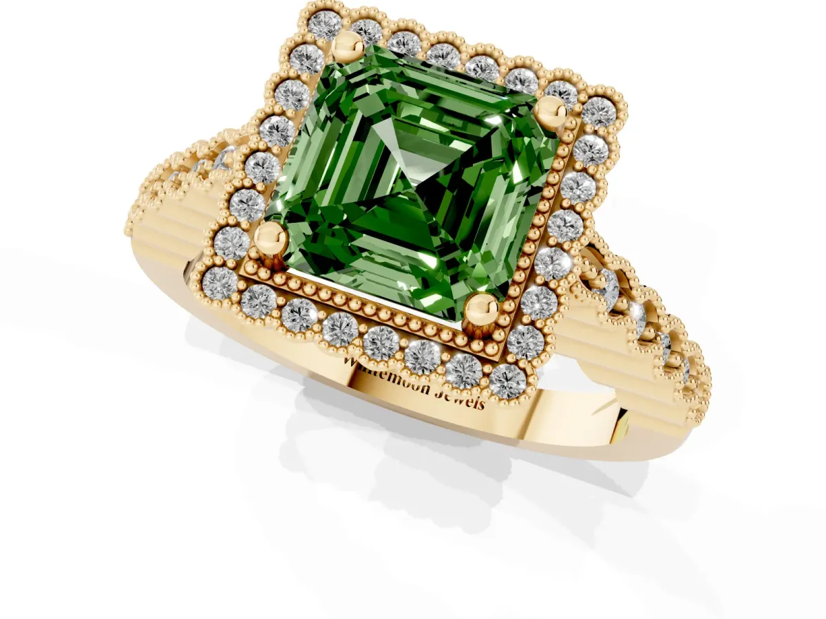 Fancy Green Asscher Cut Cut Halo Pavé Solitaire Ring with Milgrain Band Yellow gold