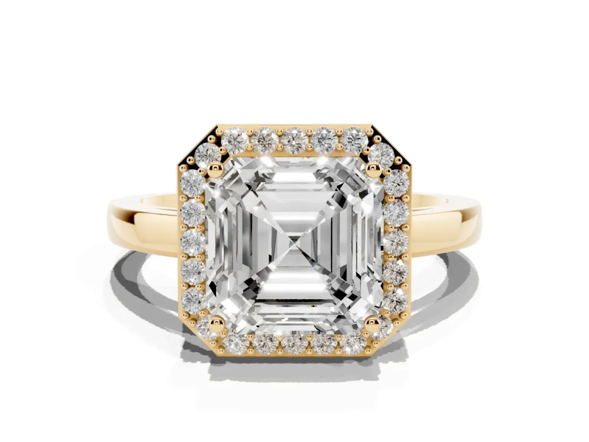 Asscher Cut Halo Diamond Ring with Solitaire Band and Prong Setting Yellow gold