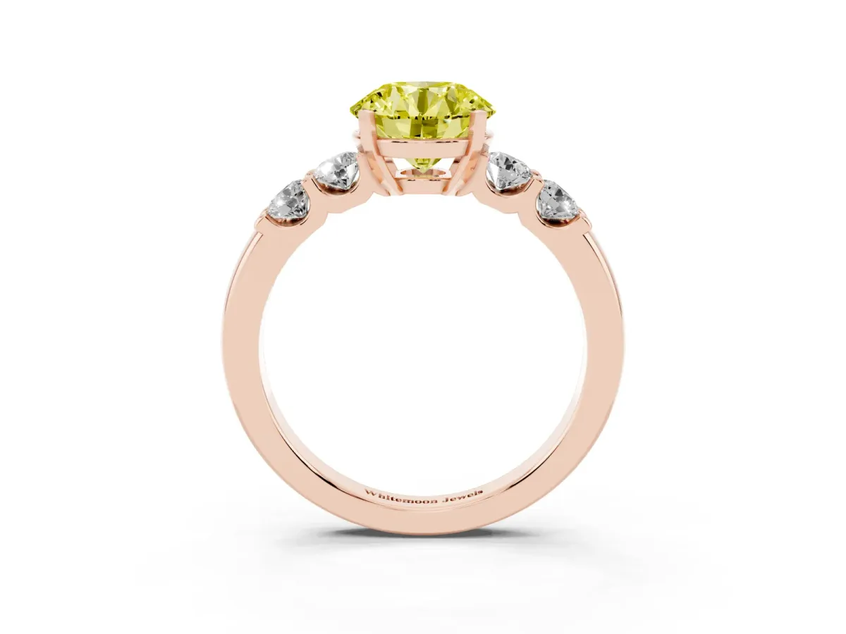 Fancy Yellow Round Cut Brilliant Cut Diamond Five-Stone Prong Set Engagement Ring with Channel Band Rose gold
