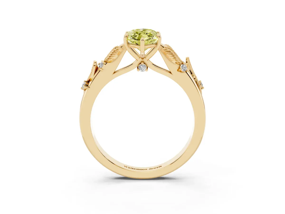 Fancy Yellow Marquise Cut Diamond Solitaire Ring with Leaf Motif Band and Four-Prong Setting Yellow gold