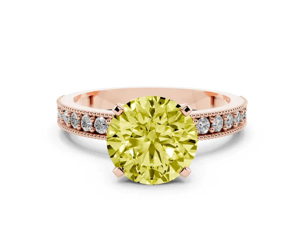 Fancy Yellow Round Cut Diamond Milgrain Pavé Engagement Ring with Four-Prong Setting Rose gold