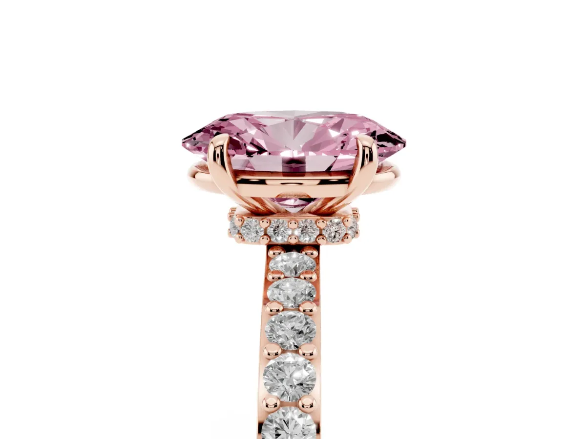 Fancy Pink Oval Cut Diamond Pavé Engagement Ring with Round Accents and Prong Setting Rose gold