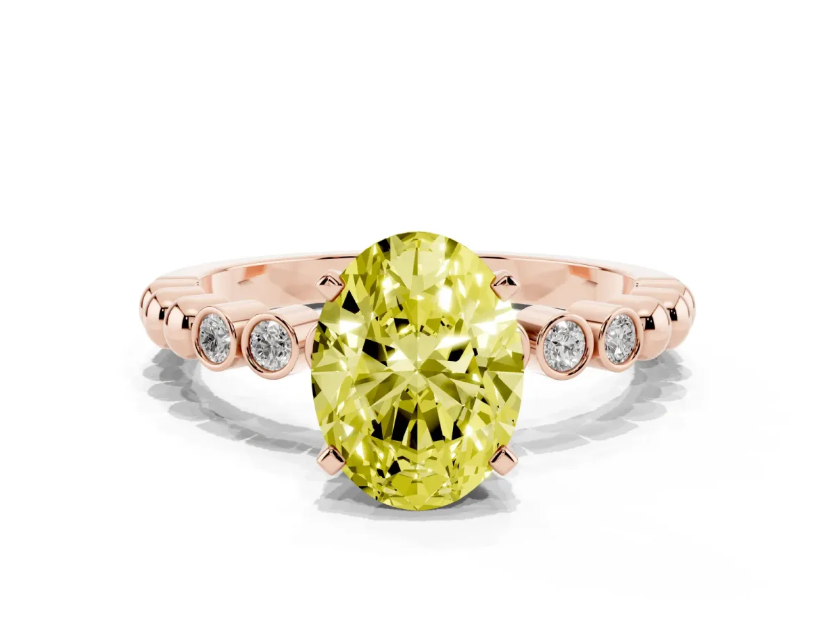 Fancy Yellow Oval Cut Solitaire Bezel Accent Diamond Engagement Ring with Beaded Band and Four-Prong Setting Rose gold