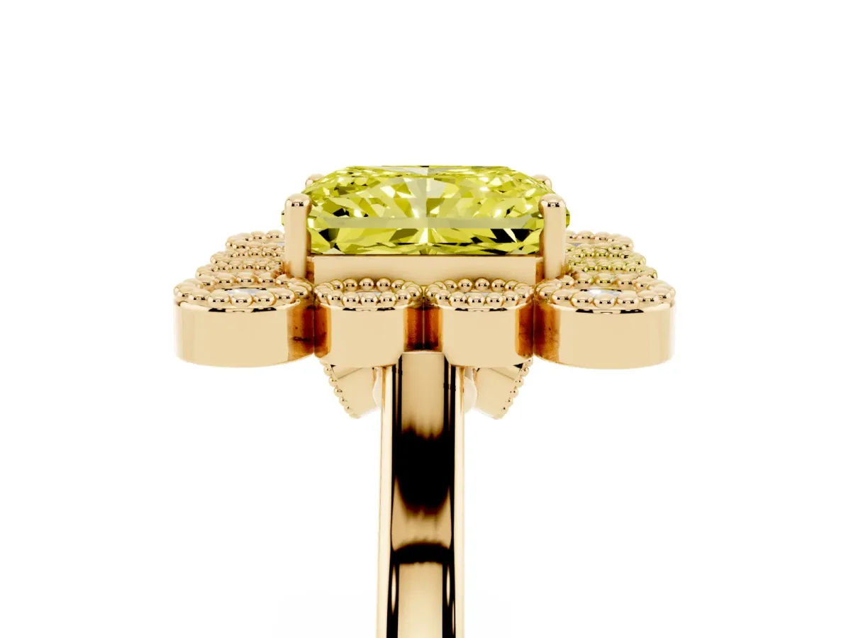 Fancy Yellow Radiant Cut Halo Diamond Cluster Engagement Ring with Milgrain Bezel Setting and Solitaire Band Yellow gold