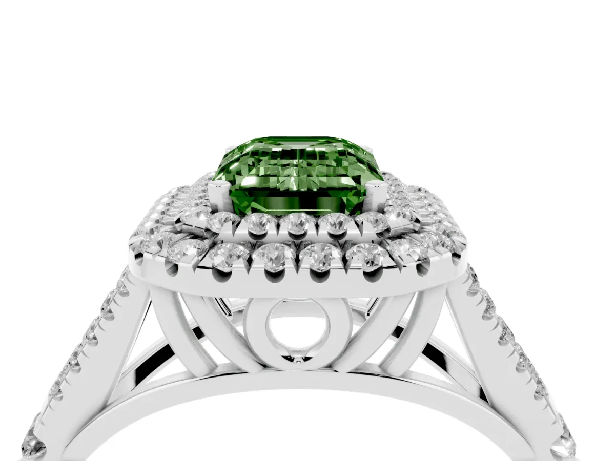 Fancy Green Emerald Cut Diamond Pavé Split Shank Double Halo Engagement Ring Silver