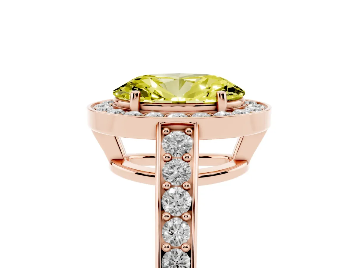 Fancy Yellow Oval Cut Halo Pavé Diamond Engagement Ring with Bezel Setting Rose gold