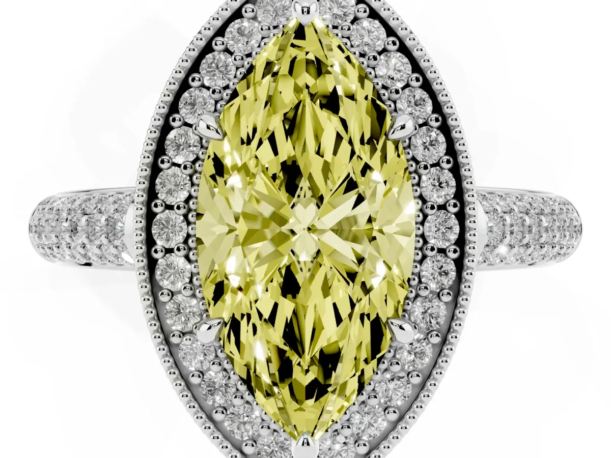 Fancy Yellow Marquise Cut Cut Halo Diamond Pave Band with Four-Prong Setting Silver
