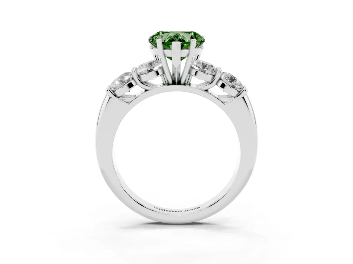 Fancy Green Heart Cut Cut Five-Stone Prong Set Diamond Ring with Classic Band Platinum