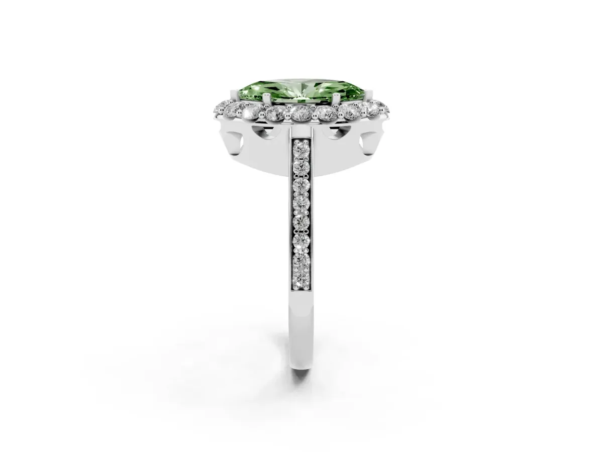 Fancy Green Marquise Cut Diamond Floral Halo Ring with Pavé Band and Prong Setting Platinum