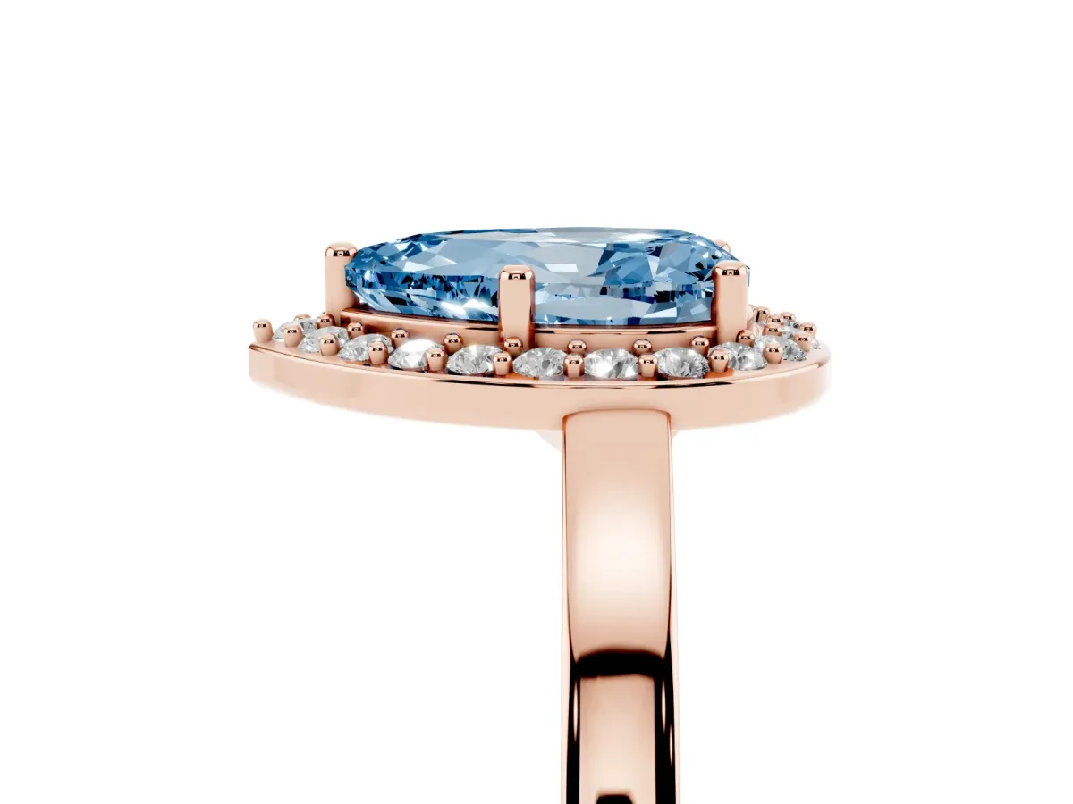 Fancy Blue Pear Cut Halo Diamond Ring with Solitaire Band and Prong Setting Rose gold