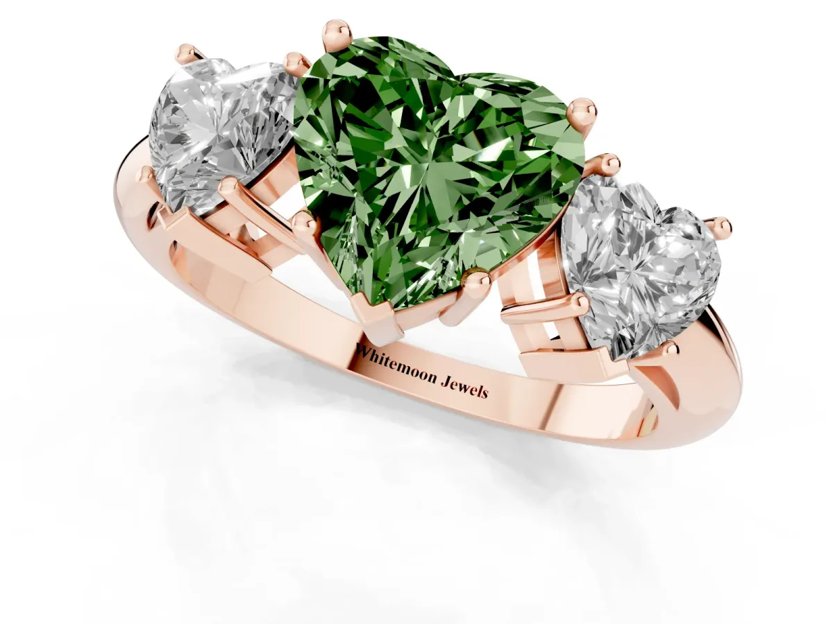 Fancy Green Three-Stone Heart Cut Cut Diamond Engagement Ring with Prong Setting on a White Gold Band Rose gold
