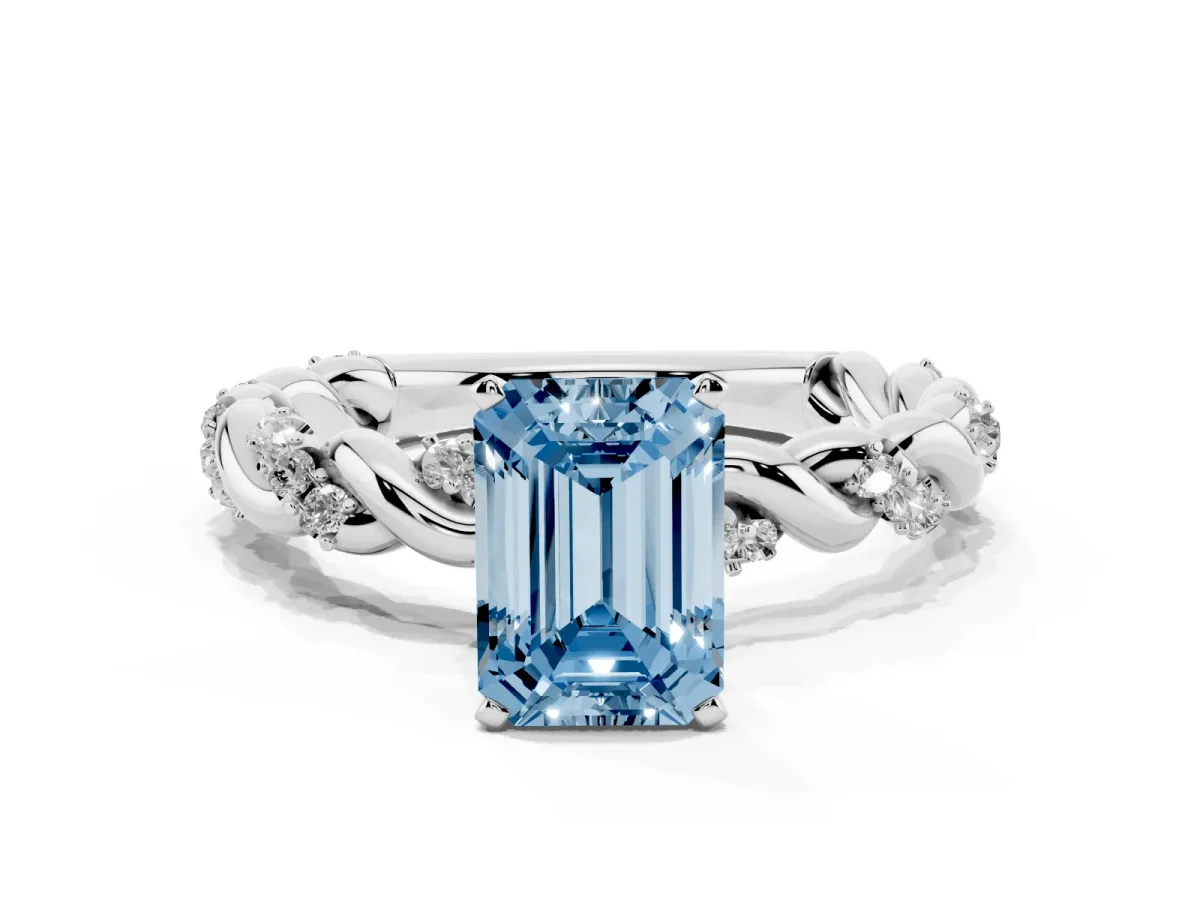 Fancy Blue Emerald Cut Diamond Solitaire Ring with Twisted Band and Pavé Accents White gold
