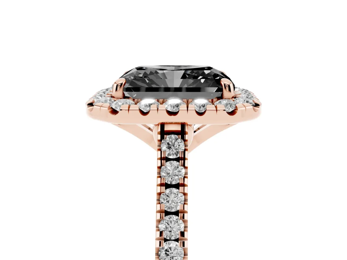 Fancy Black Radiant Cut Diamond Cushion Halo Ring with Pavé Band Rose gold