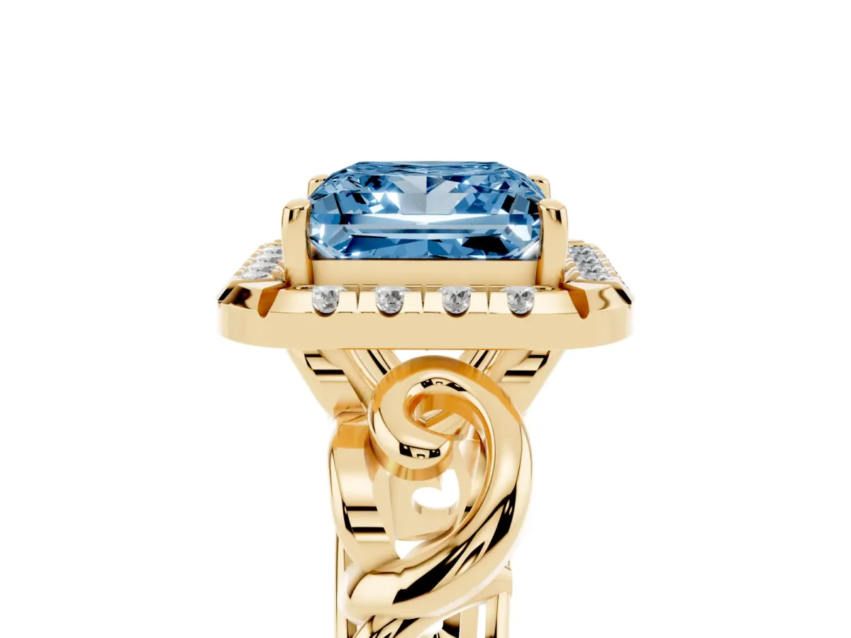 Fancy Blue Princess Cut Cut Halo Diamond Ring with Scrollwork Band and Four-Prong Setting Yellow gold