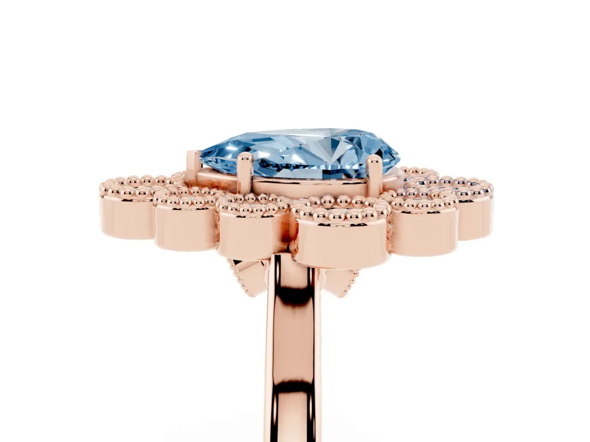 Fancy Blue Pear Cut Halo Diamond Cluster Engagement Ring with Milgrain Bezel Setting and Solitaire Band Rose gold